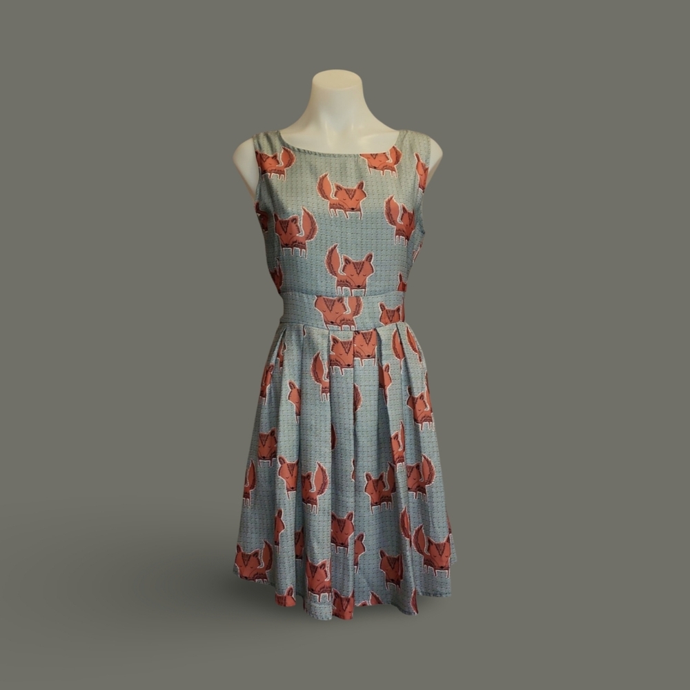 L.A. Soul Fox Print Fit & Flare Sleeveless Tie Dress Blue Orange S Polyester - Picture 7 of 10